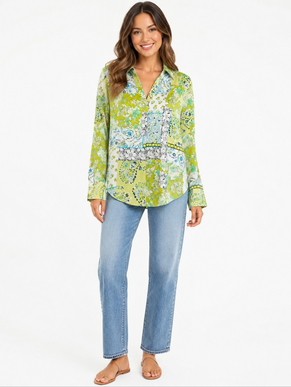 Joie Floral Patchwork Blouse Medium Green Blue V-Neck Long Sleeve‎ Top